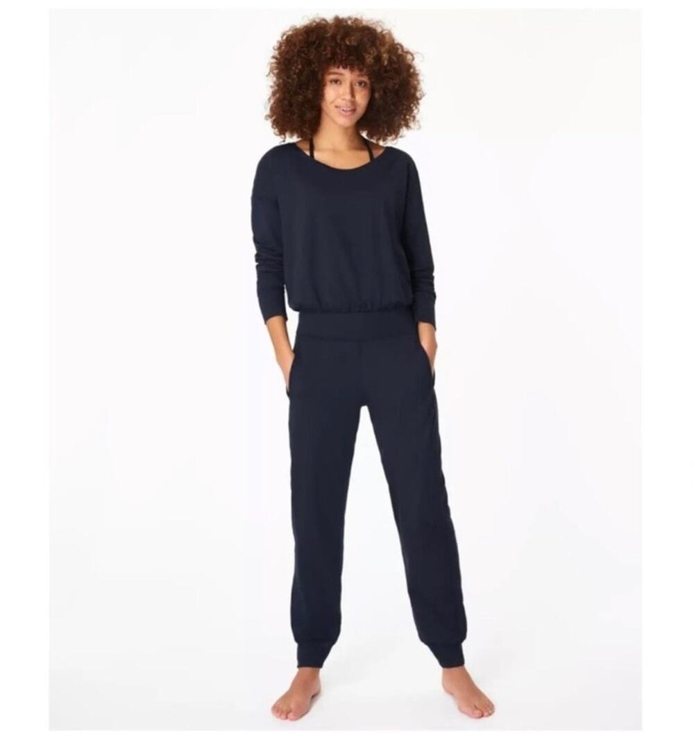 Sweaty Betty Gary Blue Jumpsuit boat neckline elastic waist, side pockets Sz XS